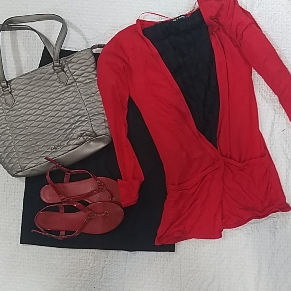 VTG STAR  open front red grandpa pocket sweater S